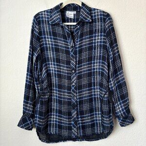 Finley Rhett Shimmer Plaid Button Down Shirt Flattering Ruched Tie Sides